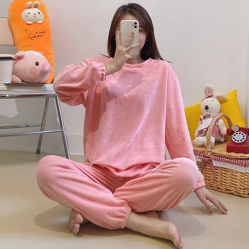 

Пижама из кораллового флиса, женские брюки Qiu Dong сезона, милая одежда для отдыха с длинным рукавом, фланелевая однотонная одежда для улицы