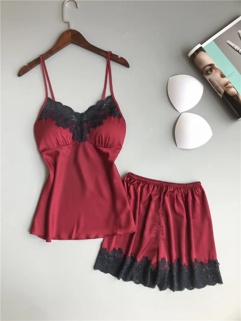 2019 женские атласные пижамы наборы с шортами без рукавов шелковые спагетти на