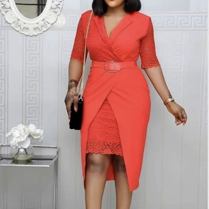 Сексуальное платье с v образным вырезом и поясом на талии Лоскутная кружевная