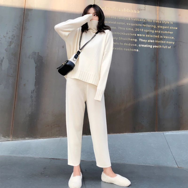 white New arrival Autumn winter Knitted Tracksuit Turtleneck Sweatshirts for Women Suit Clothing 2 Pcs Set Knit top Pants suit Female - Цвет: white