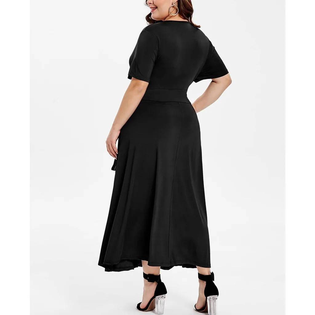 Женское вечернее платье черное большого размера с коротким рукавом и