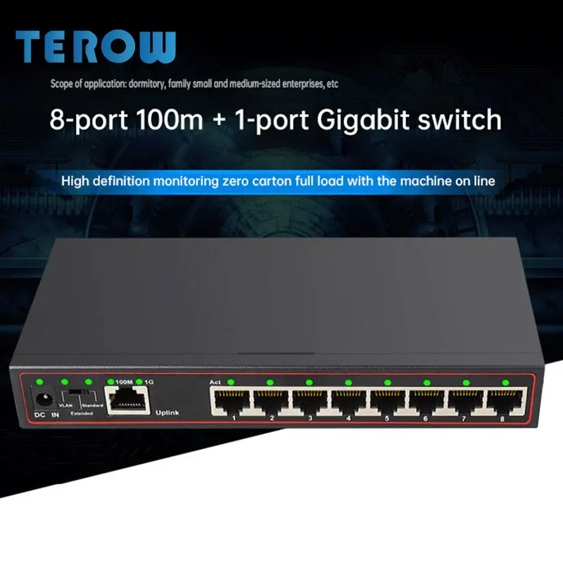 9-портовый гигабитный коммутатор 8-портовый 100M + 1-портовый 1G Uplink VLAN с
