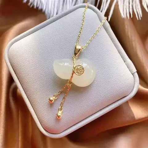 

Natural Hotian Jade Pendant Women's Small Calabash Jade Necklace S925 Sterling Silver Retro Ethnic Style Chinese Style Cheongsam