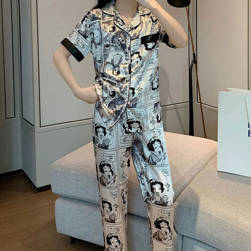 Disney Cartoon Snow White Short Sleeve Silk Pajamas Autumn Women Pajama Sets Silk Pijama Suit Sleepwear Pyjamas Nightwear Set