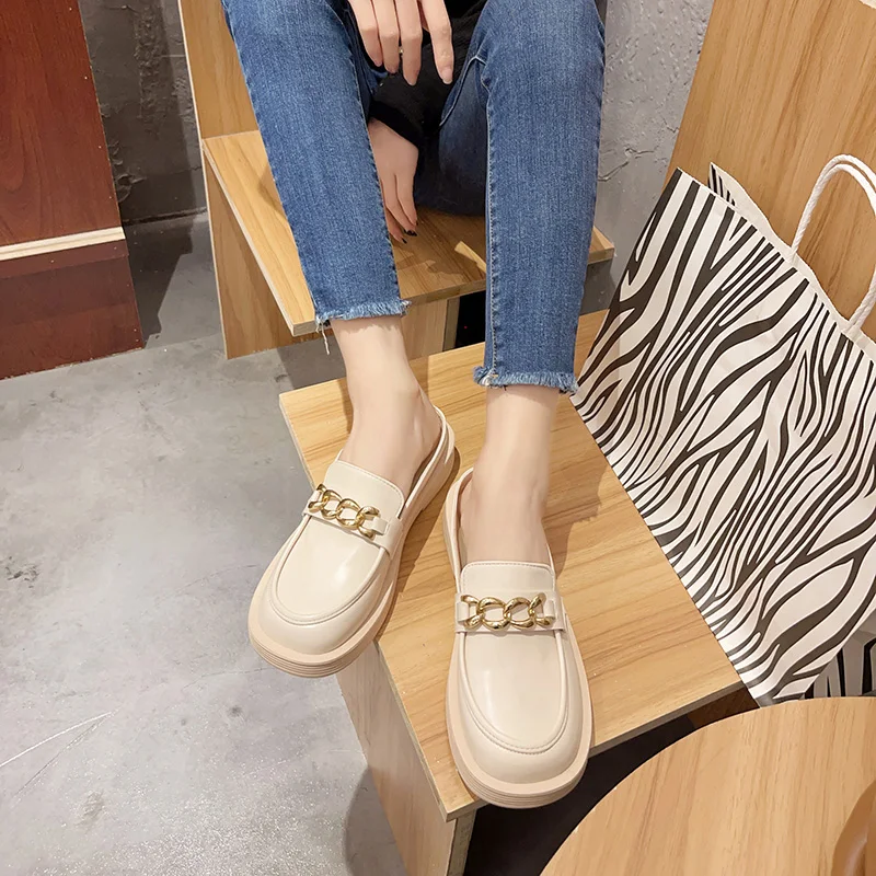 

Shoes Ladies' Slippers Low Rivet Loafers Slipers Women Female Mule Flat 2021 Mules Spring Basic Rubber Slides PU Metal Female S