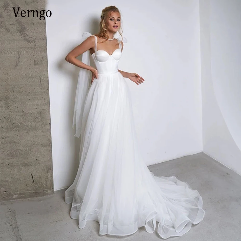 

Verngo Simple White Ivory Tulle A Line Wedding Dress Beach Bow Spaghetti Straps Sweep Train Bride Gowns 2021 Abito Da Sposa