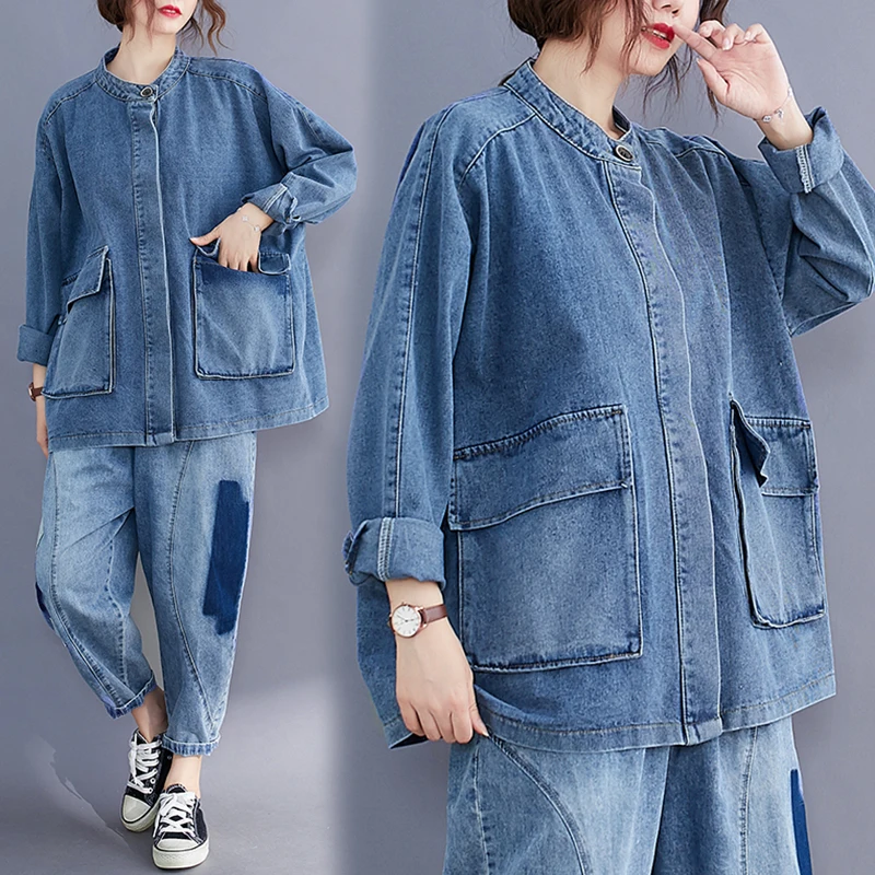 

Korean Plus Size Washed Denim Short Coat Women 2021 Spring Autumn New Long-Sleeve Breasted Lapel Double Pocket Cardigan Outwear