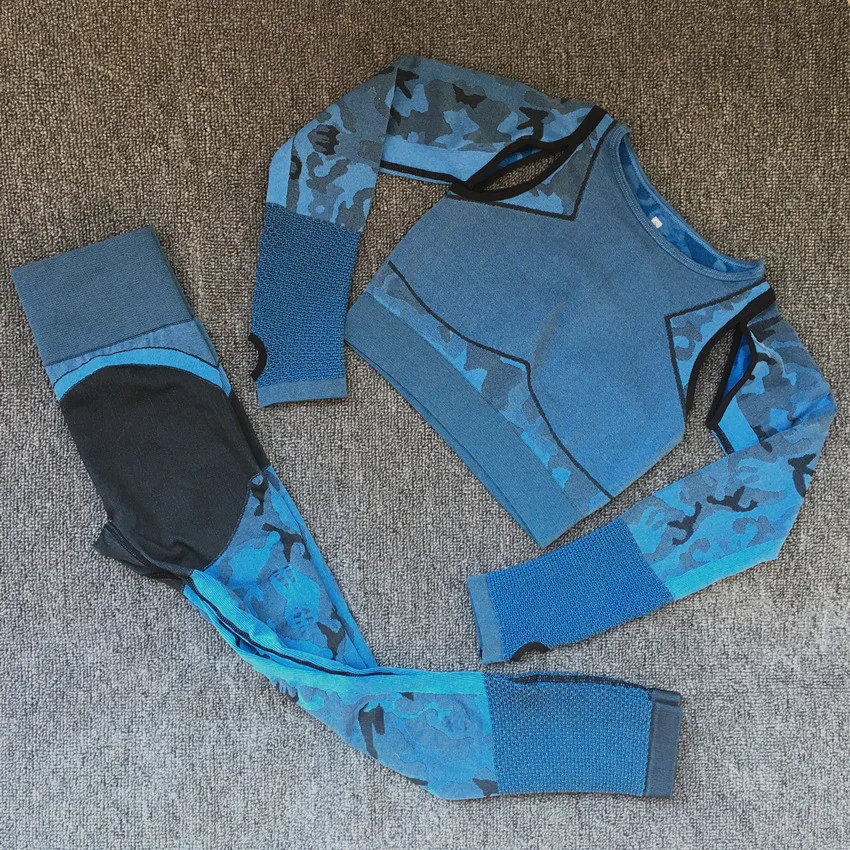 CB1188 blue set Бесшовный комплект для йоги с длинным рукавом, женские спортивные костюмы для фитнеса, леггинсы для спортзала, спортивные топы с эффектом пуш-ап, рубашка, комплект из 2 предметов для тренировок, спортивный костюм - Цвет: CB1188 blue set