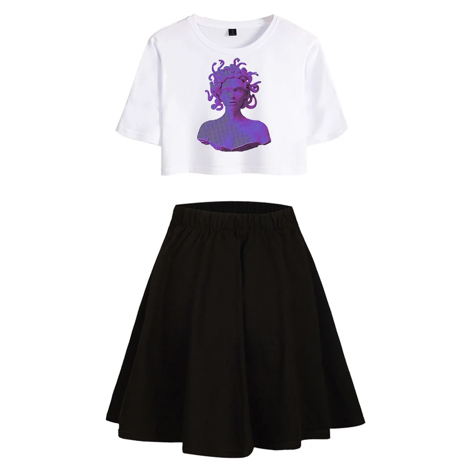 

Japanese Fashion Skirts T-shirt Suit Women Cute Mini Short Skirt Crop T-shirt Vaporwave Style Print Tshirt Sexy Girl Summer Suit