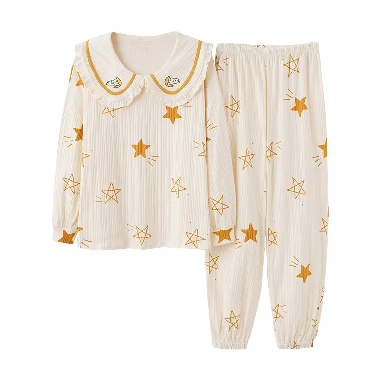 

Lapel Cotton Pajamas Female Doll Collar Princess Style Long Sleeved Home Service Fresh Sleepwear Fashion 2pcs Pijama Feminino