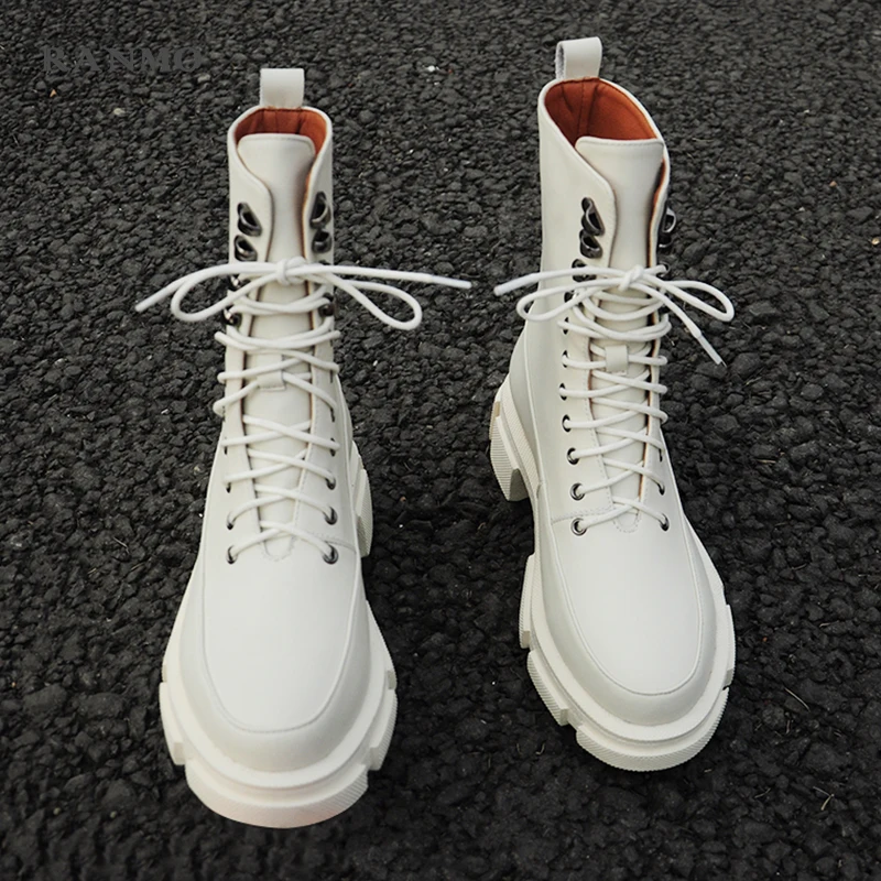 

2021 Spring New Lace-Up Ankle Boots for Women Thick Bottom Round Toe Genuine Leather Boots Black White All-match Platform Shoes