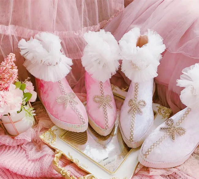 

Velvet bow snow boots increase in the pointed toe sweet girl short tube 2021