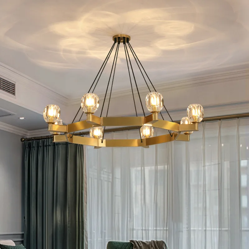 American RH Copper Led E14 Chandelier Lustre Living Room K9 Crystal Hanging Lighting Adjustable Suspension Lamp | Освещение