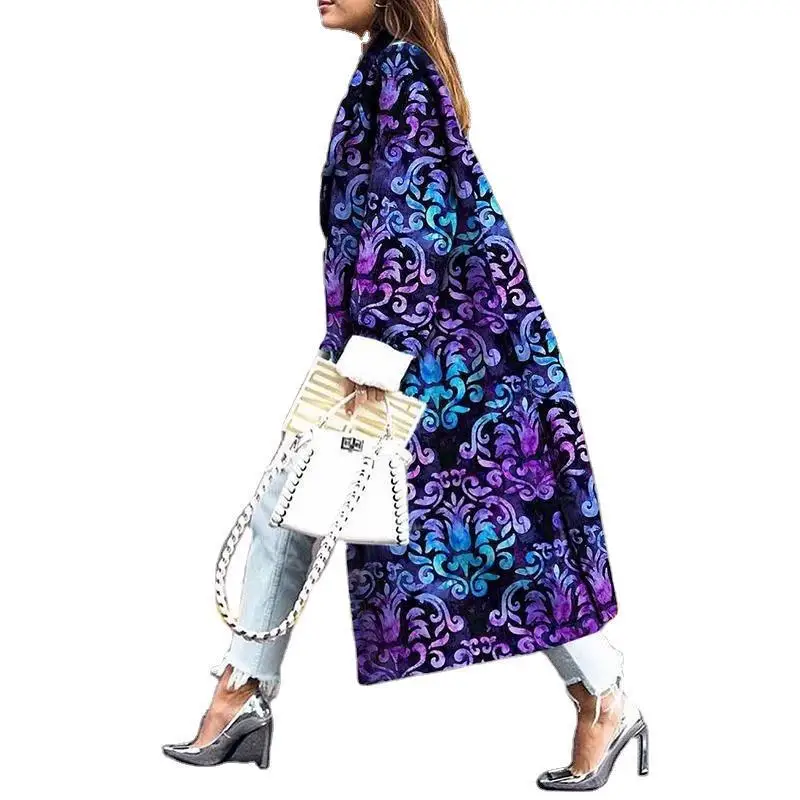 

2020 Winter Women Graffiti Print Outer Coats Turn-down Collar Full Sleeve Long Trench Casual Plus Size Street Coats
