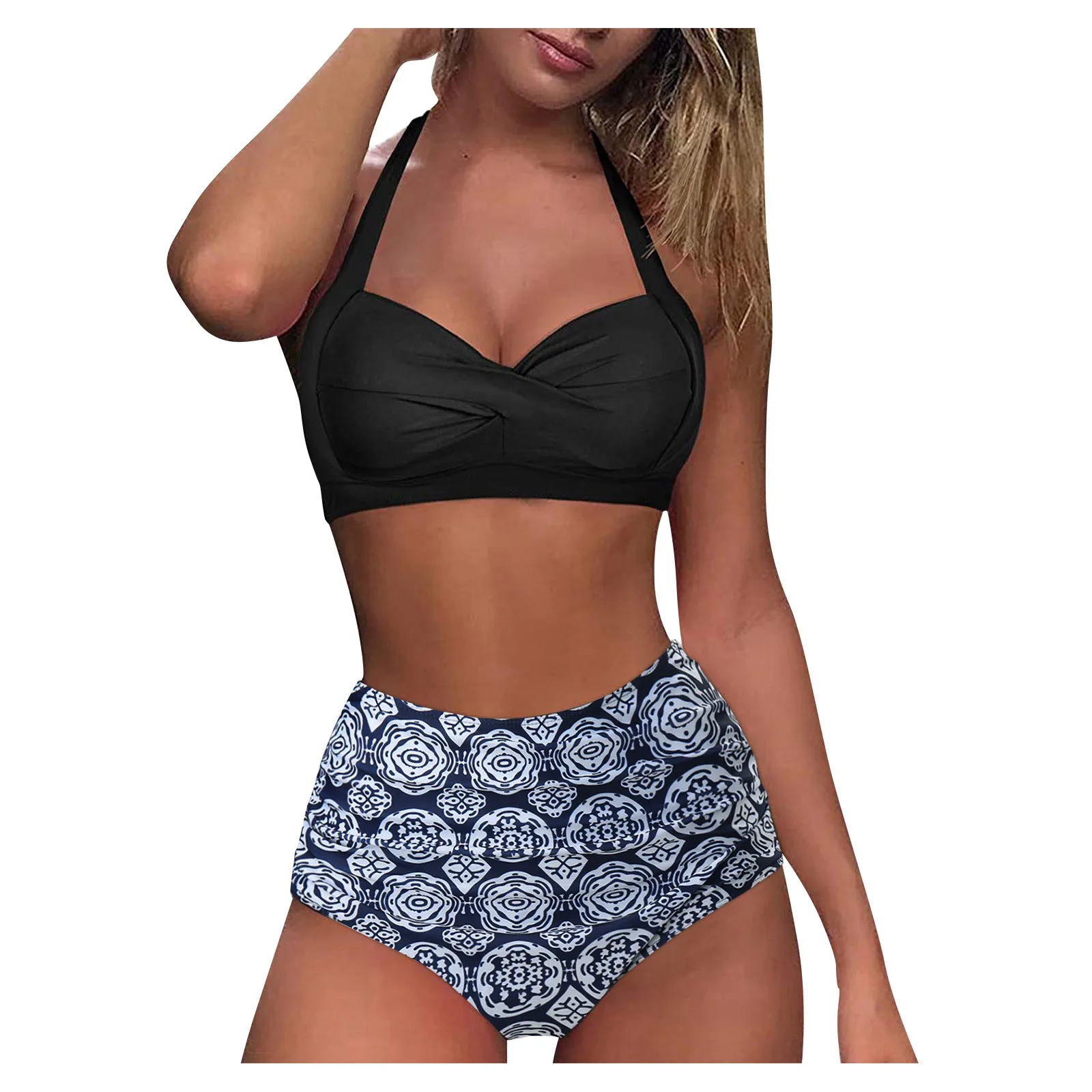 

SAGACE Summer Sexy Womens Swimwear Ladies Vintage Swimsuit Two Piece Retro Halter Ruched High Waist Print Bikini Set