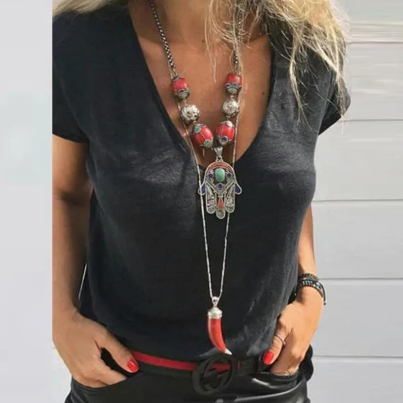

Summer Fashion V Neck Short Sleeve Solid Color T Shirt Plus Size Casual Loose Female Tops S-3XL