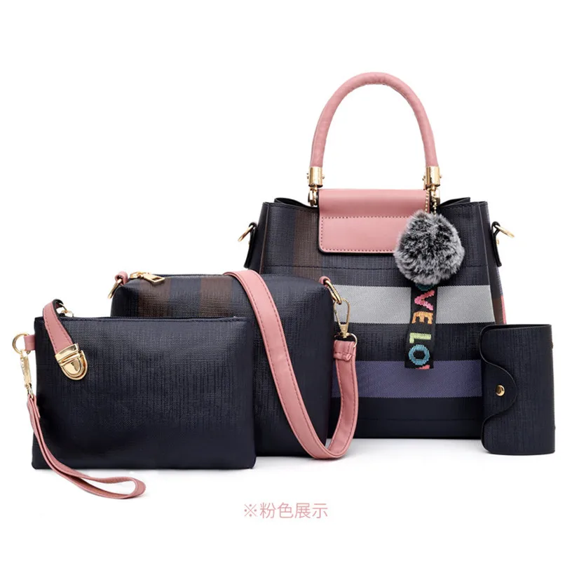 

2019 New Vintage Female Plaid Contrast Color Handbag Four-piece Suit Tote Bag Messenger Bag Clutch Bag Card Holder