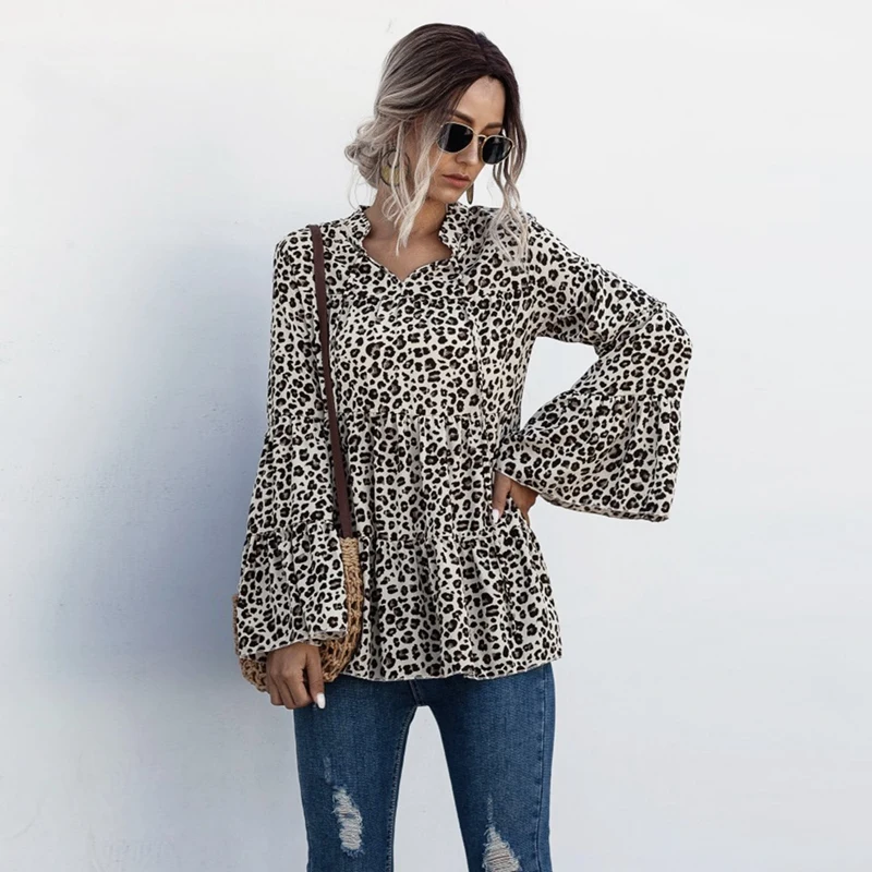 

Women Leopard Print Ruffle Tops Shirts Casual Ladies Tunic Vintage Shirt