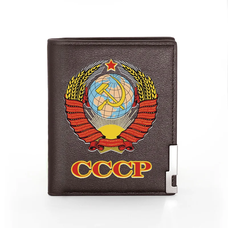 

CCCP Soviet Sickle Hammer Brown Leather Men Wallet Classic Credit Card Holder Short Purse