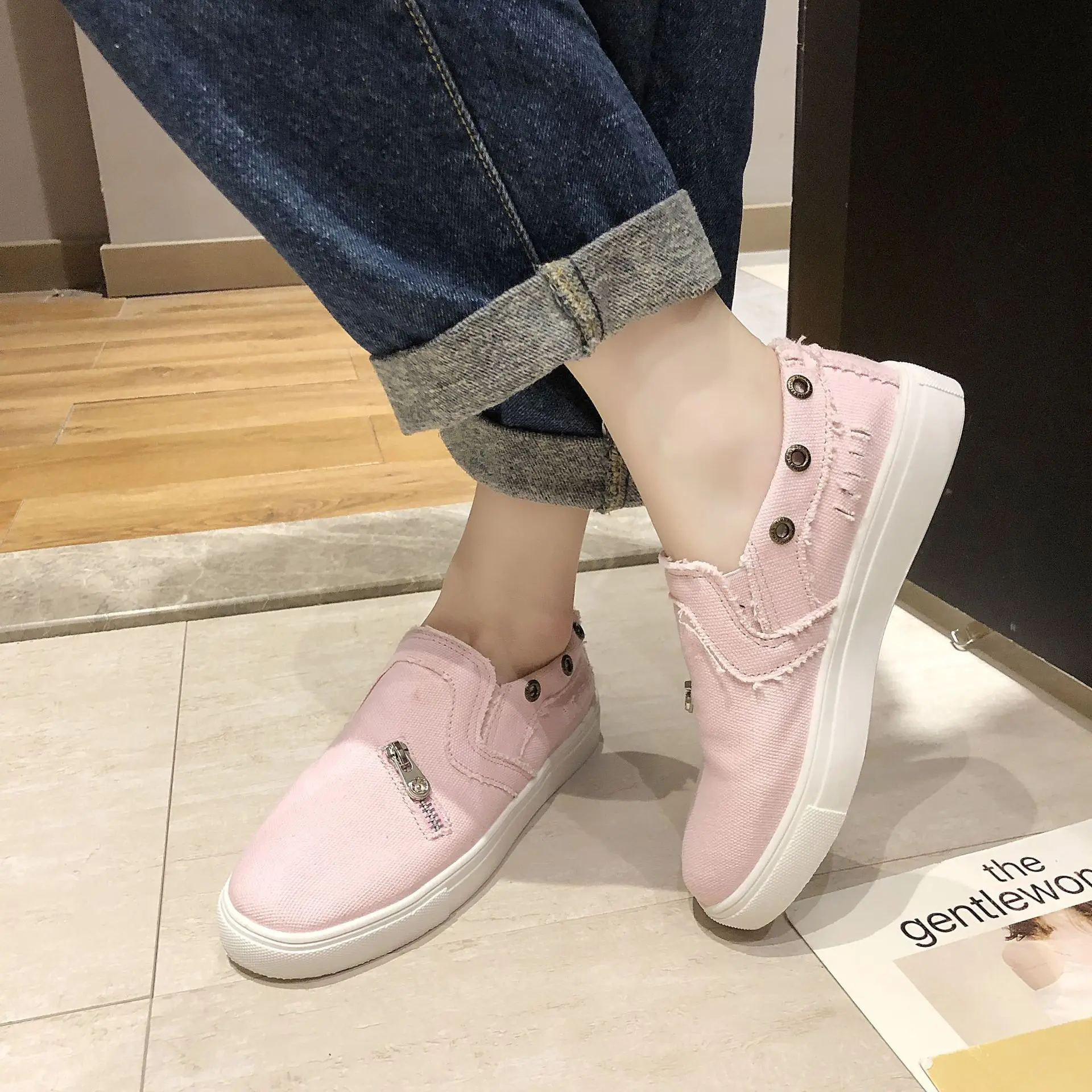 Туфли женские холщовые без шнуровки Повседневные Дышащие лоферы плоская подошва