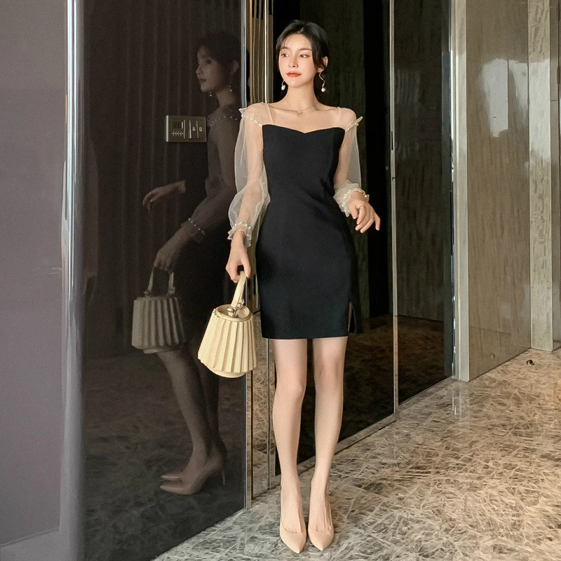 

2020 Casual Women Summer Dress Long Sleeve Mesh Patchwork Mini Dress See Through French Brand Runway Dress Black Vestiti Donna