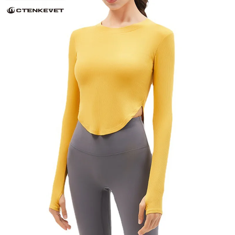 

Women Long Sleeve Run Shirts Sexy Yoga T-shirts Solid Sports Shirts Quick Dry Fitness Gym With Chest Pad Crop Tops Sport Wear