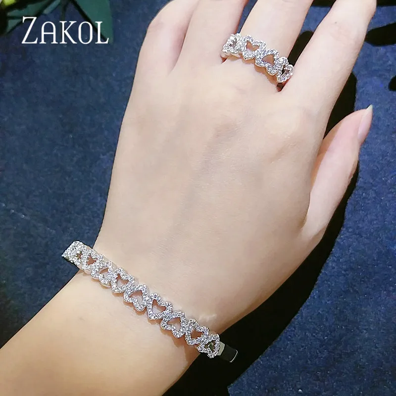 ZAKOL Romantic Heart Bridal Jewelry Cubic Zirconia Ring Bracelet Set for Women Wedding Dinner Party Dress Accessories FSSP1009 | Украшения