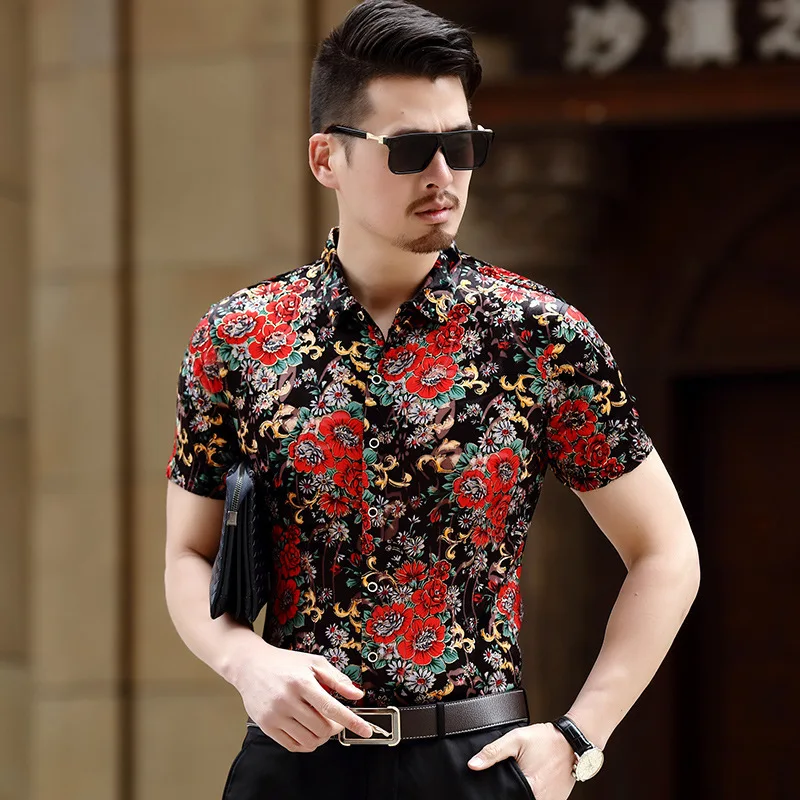

Silk Lelvet Luxury Transparent Floral Shirt men short sleeve See Through Summer Male Shirt club party Shirt camisa masculina