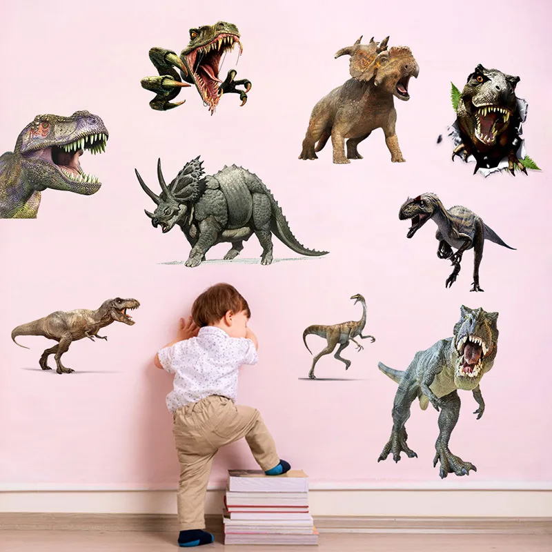 Фото Различные наклейки на стену в виде динозавра для мальчика детской комнаты
