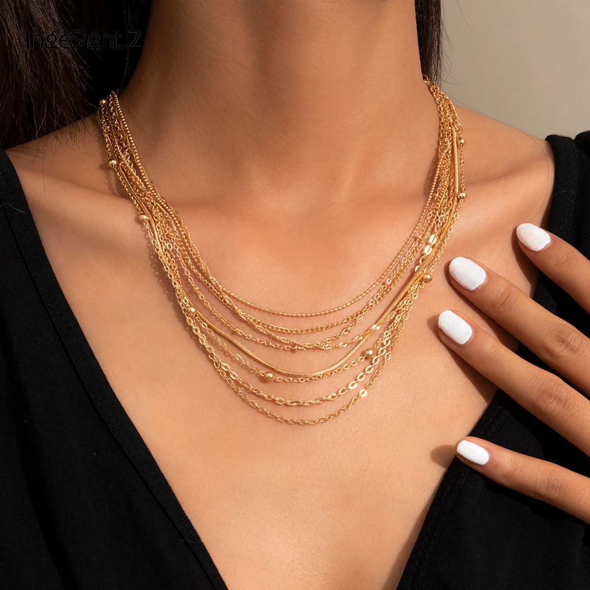 

IngeSight.Z 8Pcs/Set Gold Color Bead Chain Choker Necklace Multi Layered Copper Blade Snake Chain Necklace Collier Wonen Jewelry