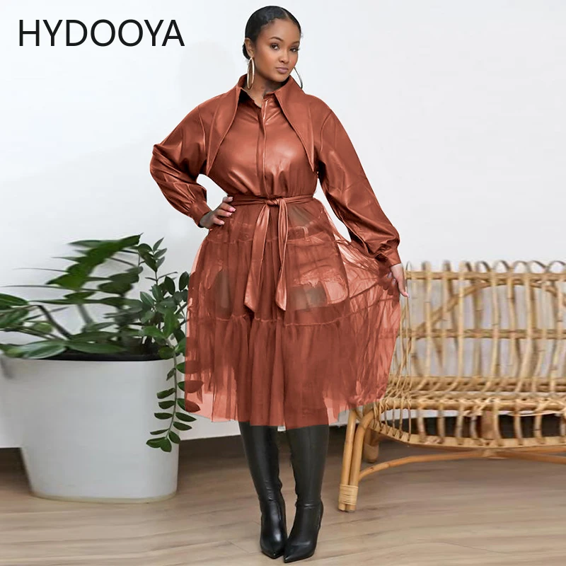 New Women Faux Leather Mesh Patchwork Long Sleeve PU Coat Jacket Turn Down Collar Belt Chic Dresses Streetwear Long Sleeve Dress
