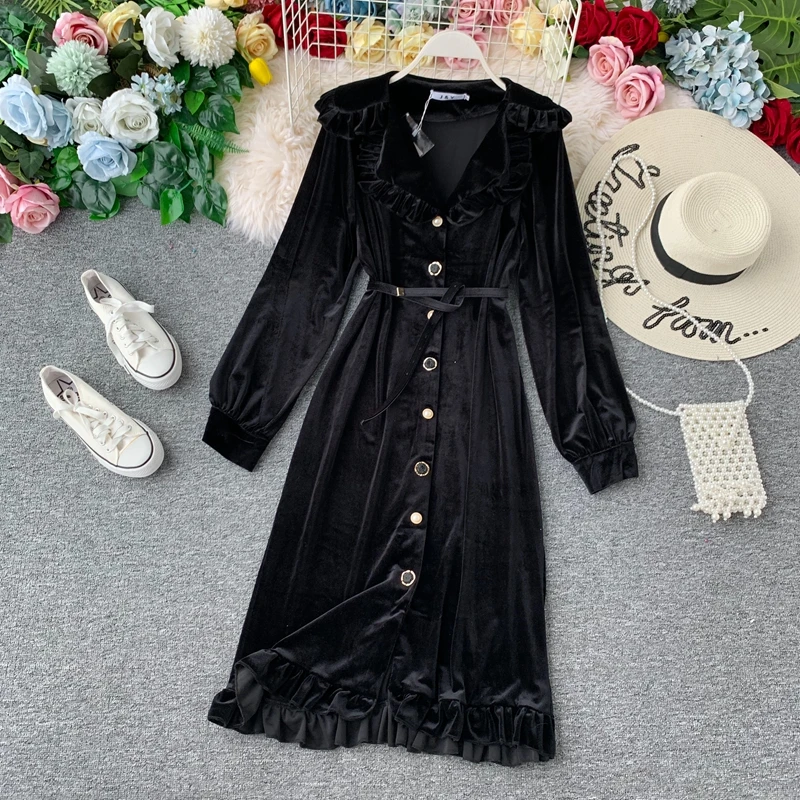 2019 Новое модное женское бархатное платье миди с высокой талией и длинными