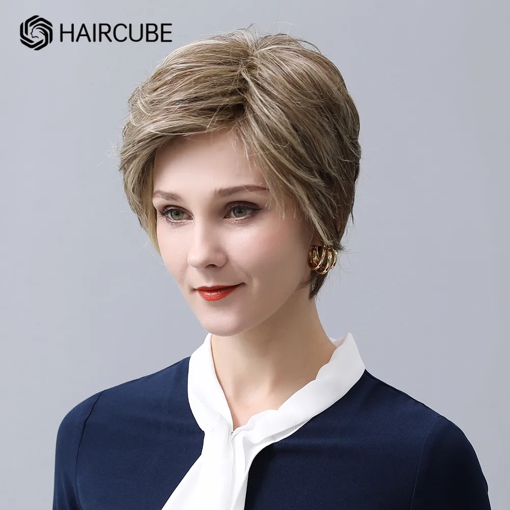 

HAIRCUBE Short Human Hair Blend Synthetic Wig with Pixie Cut Bang Mixed Brown Blonde Highlight Heat Resistant Wigs for Women