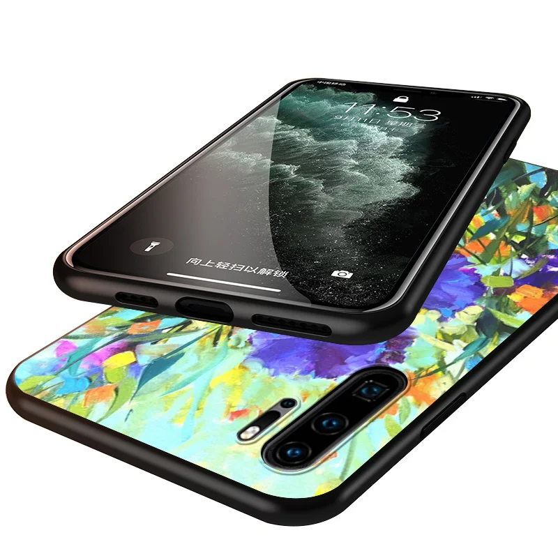 

Oil Painting Flowers Black Cover For Huawei P40 P30 P20 P10 P9 P8 Lite E 5G 2017 2019 Pro Plus Phone Case