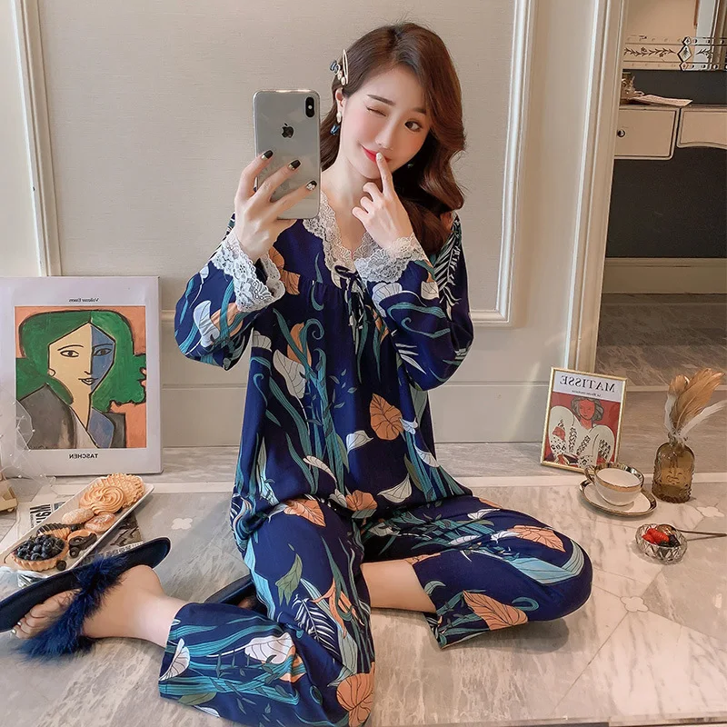 

Spring Autumn 2Pcs Pijama Women V-Neck Sleepwear Homewear Long Sleeve Pajama Button Top+Pants Pyjama