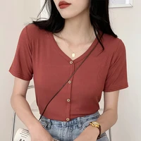 summer new knitting t shirts women v neck slim thin button short sleeve tops female solid basic simple casual tee t shirt femme
