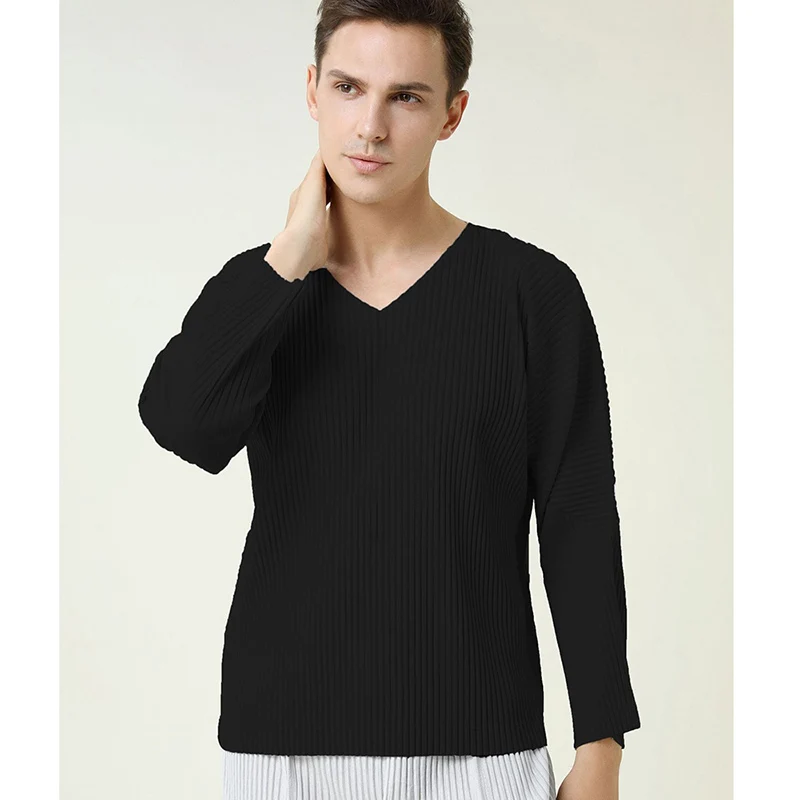 

High Quality Office Men's Hot Sale Long-sleeved Pleated T-shirt V-neck Casual T-shirt for Men 2021 New Casual Fashion T-shirt