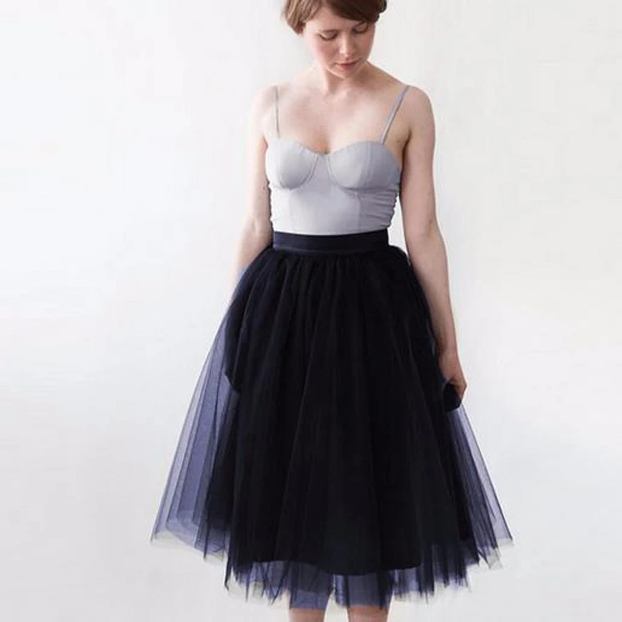 

2022 Spring Fashion Black Tulle Skirt For Girls Women Elastic Waist A Line Knee Length Tutu Skirts Office Lady Wear Formal Gowns