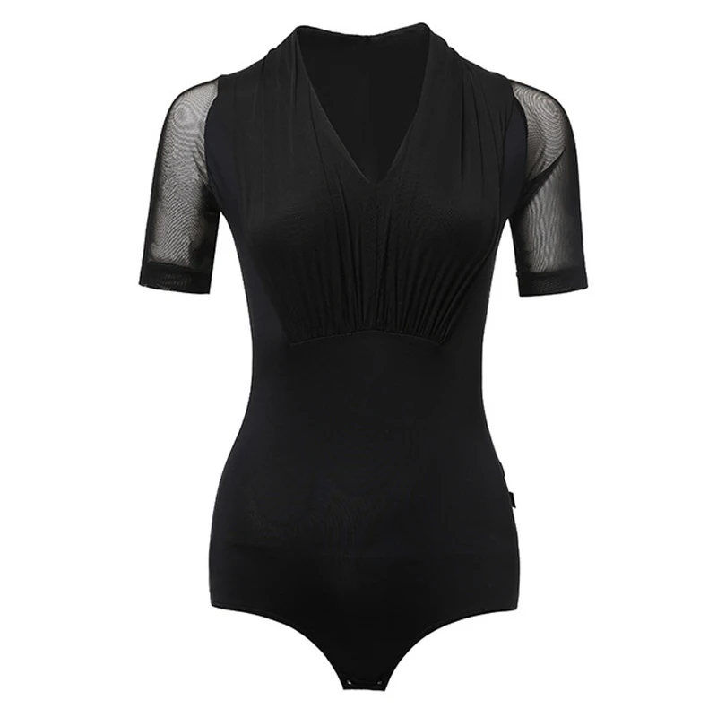 

New Latin Dance Tops Female Practice Clothes Blue/Black Short Sleeve V-Neck Mesh Jumpsuit Rumba Tango Samba Dance Tops DQL5618