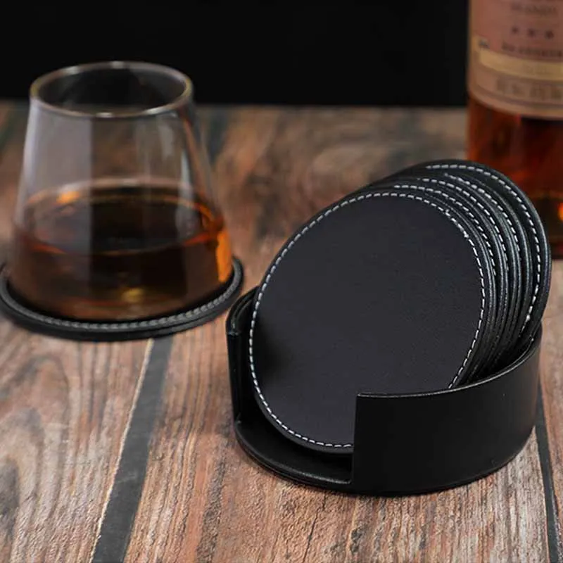 

Hot Sale 6PCS PU Leather Bamboo Pattern Coaster Drink Coffee Cup Mat Easy to Clean Placemats Round Tea Pad Table Pad Holder