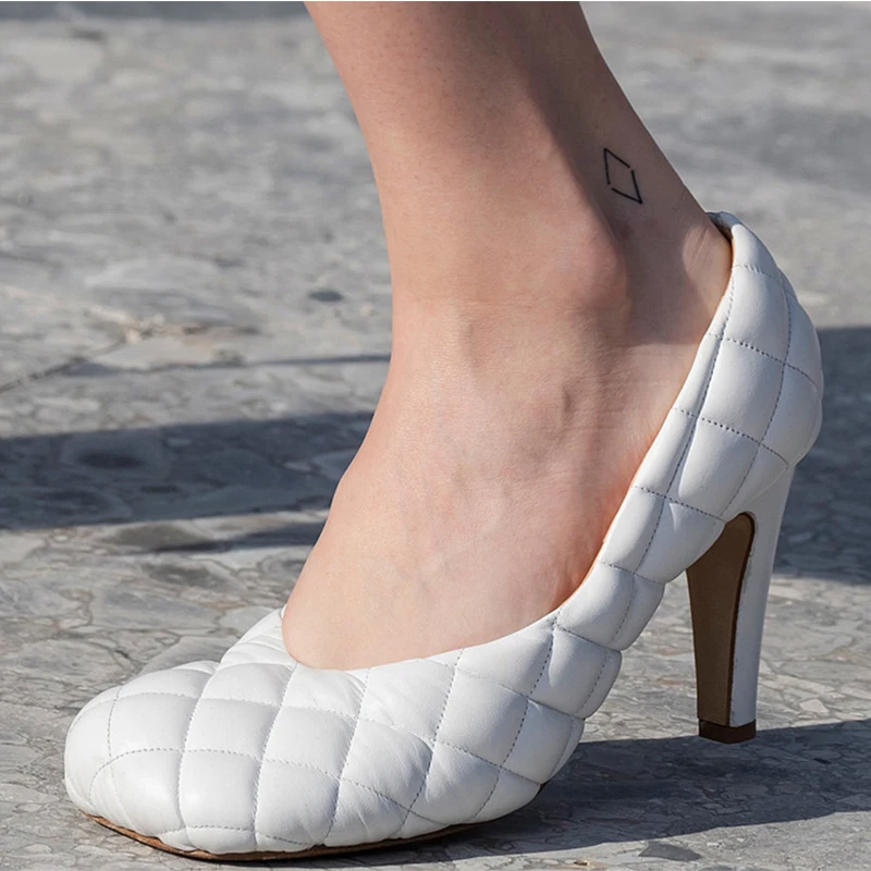

Prowow Braid Leather Square Head High Heel Women's Shoes Catwalk New Tide Nude Shoe Shallow Mouth Blue Black White Pump