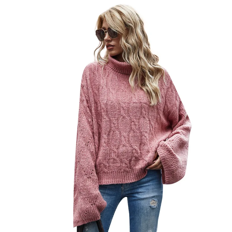Lybofly Autumn Winter Sweater Women Knitted Ribbed Pullover Flare Sleeve Turtleneck Slim Jumper Soft Warm Pull Femme | Женская одежда