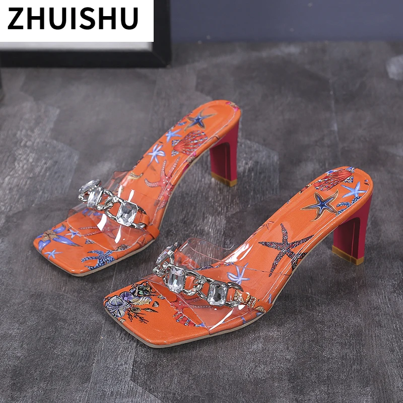 

2021 Women's Slippers Fashion Summer Square Heel Slippers Women Casual Square Toe Open Toe Color Matching Beach Women Sandals