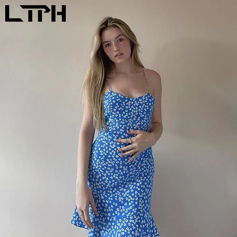 

LTPH vintage floral dress women elegant French sleeveless camisole sexy slim short ruffles A-line dresses 2021 summer new