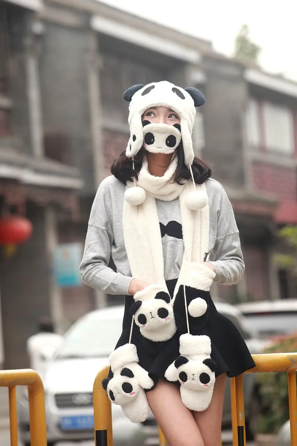 

Cartoon Animal Cute Panda Earmuff Fluffy Plush Hat Cap Winter Fitted Warm Soft Hat Scarf Gloves Face Mask Suit