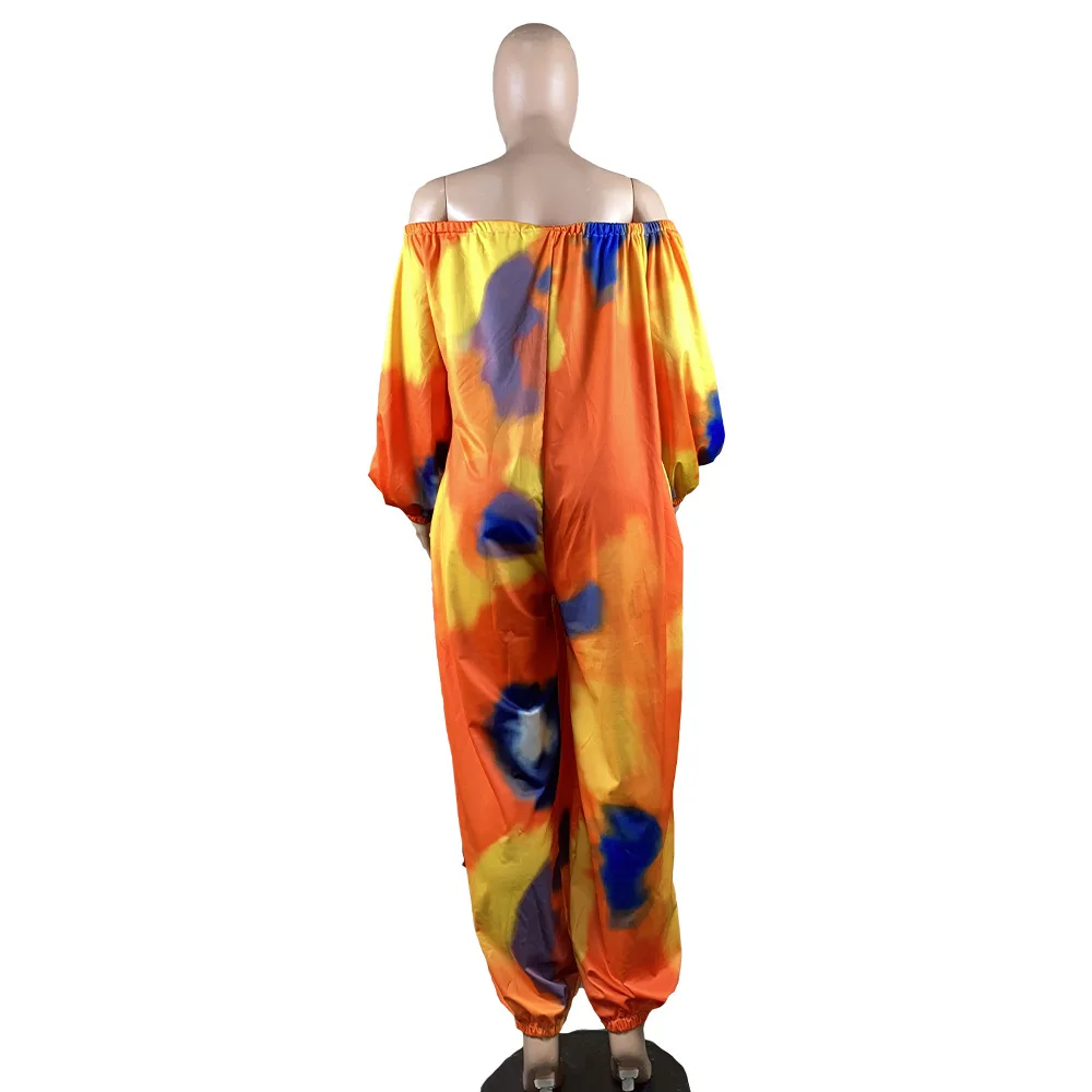 

Hot Sale 2021 Colorful Tie-dye Printing Jumpsuits Plus Size S--4XL Slash Neck Lantern Sleeve Loose Casual Lady Rompers Pants