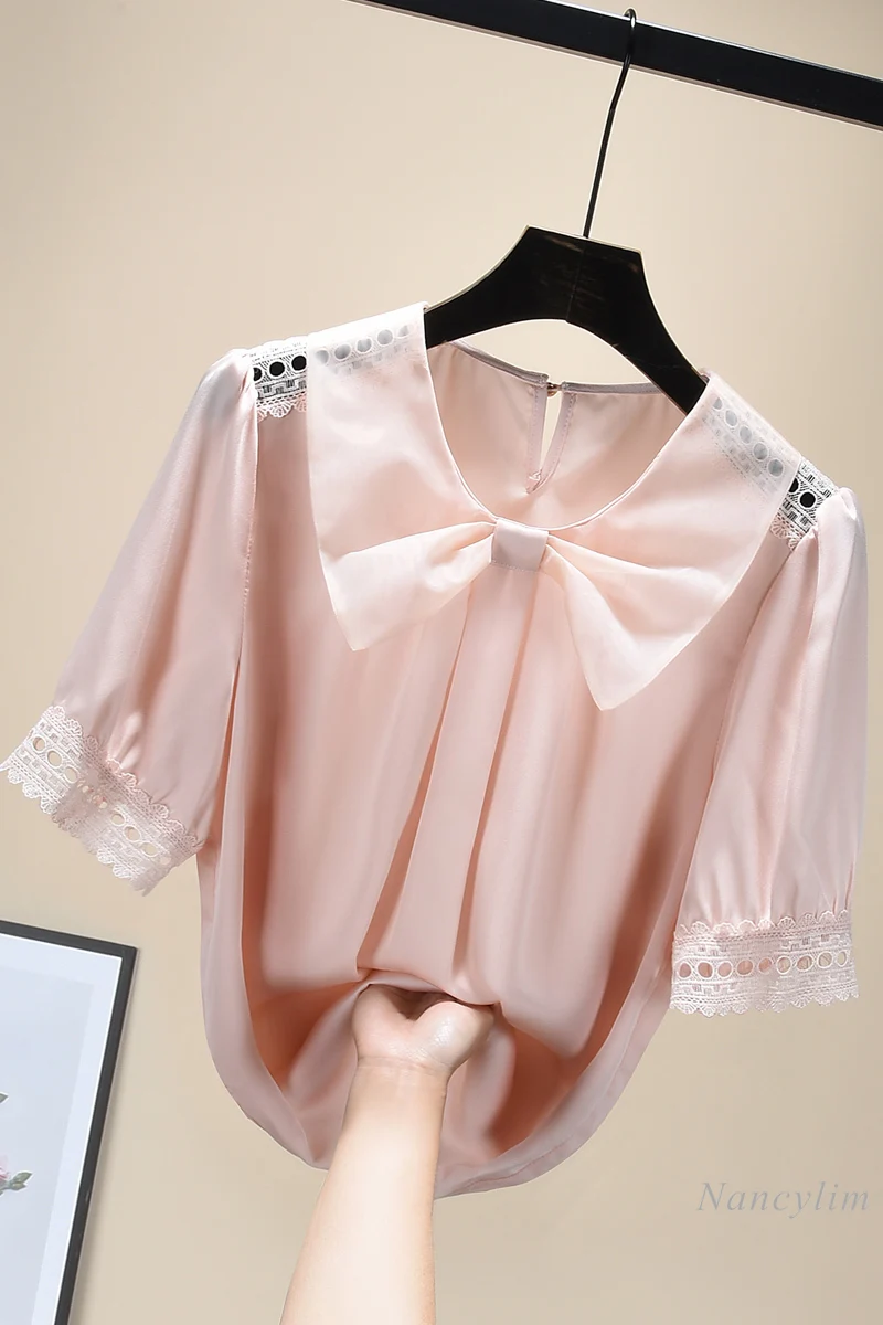 

Women's Short Sleeved Shirt Summer Korean Style Chiffon Blouse New Retro Sweet Elegance Bow Top Ladies Blusas