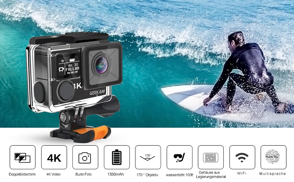 Экшн-камера GEEKAM K3R/K3 Ultra HD 4 K/30fps 20MP WiFi 2," 170D с двойным экраном, водонепроницаемая камера для подводного плавания на шлем, велосипедная спортивная видеокамера