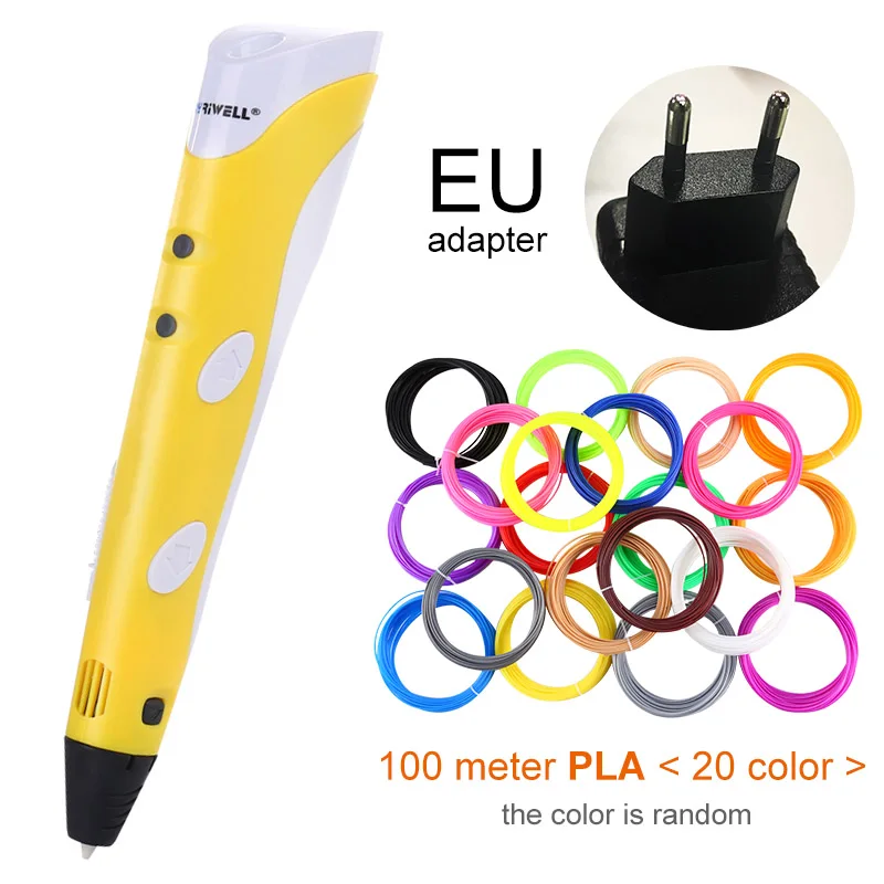 Myriwell, 3D Ручка,, сделай сам, 3D печать, ручка с 100 м ABS/PLA нитью, креативная игрушка, подарок для детей, дизайнерский рисунок - Цвет: Yellow EU-100m PLA