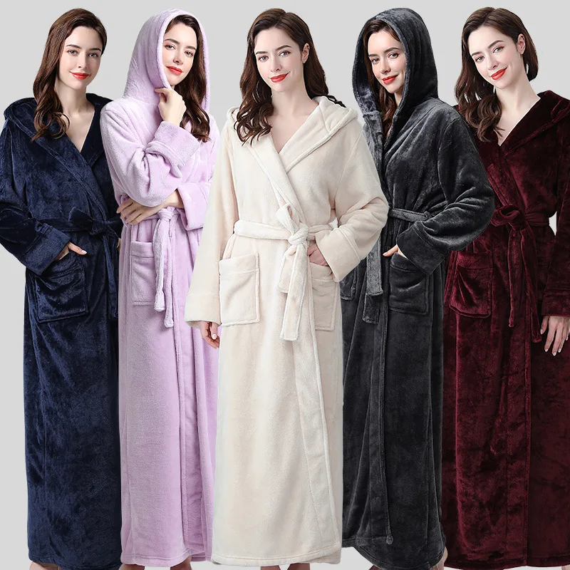 

Robes For Women Winter Thicken Warm Flannel Bath Robe Long Plus Size With Hood Sleepwear Women Nightgown Robes Women Clothing